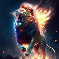 Image of a lion with a flaming tail on a dark background. AI generated animal ai Royalty Free Stock Photo