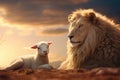 a cute white lamb and a large lion. Redemption and Atonement. Lion of Judah
