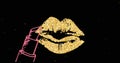 Image of lipstick, gold lips over snow falling on black background