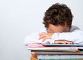 Little boy sleeping on a pile of books Royalty Free Stock Photo