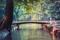 Image of little bridge over lake during sunset Royalty Free Stock Photo