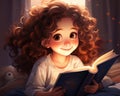 little cute curly hred is reading a book.