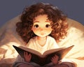 little cute curly hred is reading a book.
