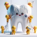 image of little funny cartoon monsters in yellow suits color the tooth with white paint rollers in Pixar style. Royalty Free Stock Photo