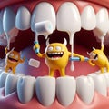 image of little funny cartoon monsters in yellow suits color the tooth with white paint rollers in Pixar style. Royalty Free Stock Photo