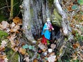 Image of little Holy Mary statue, put into an old trunk for worshipping Royalty Free Stock Photo