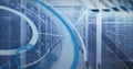 Image of loading circles and circuit board pattern over data server room