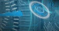 Image of loading circles, 5g text, graph and circuit board pattern over data server systems Royalty Free Stock Photo