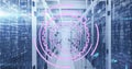 Image of loading circles over binary codes on data server racks in server room Royalty Free Stock Photo