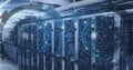 Image of loading circles over binary codes on data server racks in server room
