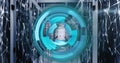 Image of loading circles over connected dots on data server racks in server room