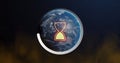 Image of loading hourglass and circle icon over globe