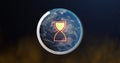 Image of loading hourglass and circle icon over globe