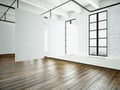 Image loft expo interior in modern building.Open space studio.Empty white canvas hanging.Wood floor, bricks wall