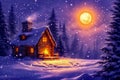 Image of log cabin with snow on the roof and around it at night with full moon in the sky above it. Generative AI Royalty Free Stock Photo