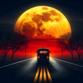 image of a lone vehicle driving off in the distance, yellow moon,sunset,black and red. Royalty Free Stock Photo