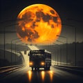 image of a lone vehicle driving off in the distance, yellow moon,sunset,black and red. Royalty Free Stock Photo