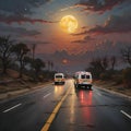 image of a lone vehicle driving off in the distance, yellow moon,sunset,black and red. Royalty Free Stock Photo