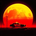 image of a lone vehicle driving off in the distance, yellow moon,sunset,black and red. Royalty Free Stock Photo