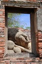 Image looking through the window to the face of reclining Buddha statue at Phutthaisawan Temple Ayutthaya Royalty Free Stock Photo