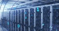Image of looping binary codes in circular tunnel over bars on server racks in server room Royalty Free Stock Photo