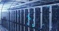 Image of looping binary codes in circular tunnel over bars on server racks in server room Royalty Free Stock Photo