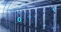 Image of looping binary codes in circular tunnel over bars on server racks in server room Royalty Free Stock Photo