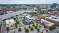 Louisville Kentucky aerial downtown office buildings, parking lot, and highway system