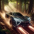 Image of a luxury car speeding through a dense forest flare.