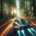 Image of a luxury car speeding through a dense forest flare.