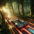 Image of a luxury car speeding through a dense forest flare.