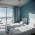 Luxury hospital room with beach and sea view in medical tourism concept ing of home interior for self-isolation quarantine from Royalty Free Stock Photo