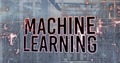 Image of machine learning text, light trails, microprocessor connections against server room