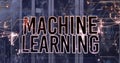 Image of machine learning text, navigation pattern over connected dots on data server racks Royalty Free Stock Photo