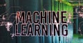 Image of machine learning text over illuminated abstract patterns over server room Royalty Free Stock Photo