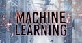 Image of machine learning texts, numbers over circuit board pattern on data server racks Royalty Free Stock Photo