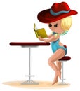 Image of Madame in a hat and bikini at a table. Book reading