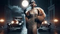 An image of a mafioso woman from the twenties standing in front of a classic car in the moonlight.