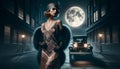 An image of a mafioso woman from the twenties standing in front of a classic car in the moonlight.