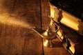 Image of magical aladdin lamp with glitter smoke. Lamp of wishes. Royalty Free Stock Photo