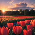 A magical landscape with sunrise over tulip field in the Netherlands (relaxation, meditation, stress management -