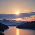 Magical view of the calm lake and mountains at sunset. Beautiful dusk colors in the landscape. made with Royalty Free Stock Photo