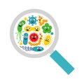 Image of magnifier and cute funny bacterias, germs