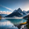 Majestic colorful scenery on the foggy lake in Triglav national park, located in the Bohinj Valley of the