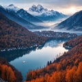 Majestic colorful scenery on the foggy lake in Triglav national park, located in the Bohinj Valley of the