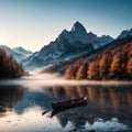 Majestic colorful scenery on the foggy lake in Triglav national park, located in the Bohinj Valley of the