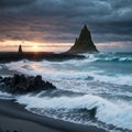 Majestic place of the stormy Atlantic ocean. Basalt rocks \