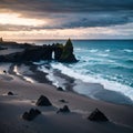 Majestic place of the stormy Atlantic ocean. Basalt rocks \