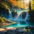 Majestic view on turquoise water and sunny beams in the Plitvice Lakes National Park. Croatia. Europe.