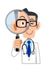 Male doctor looking through magnifying glass